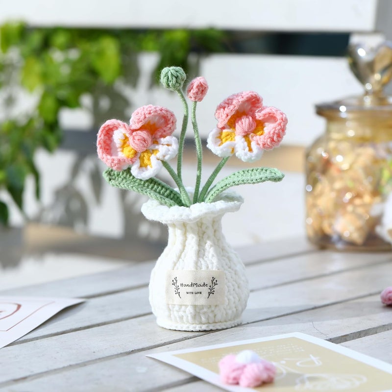 YOOJEE Crochet Flower Pot Pink Phalaenopsis Valentines Day Crochet Gift for Him Her Boyfriend Girlfriend Women Sister Mom Teacher Couples Wife Husband Friends Coworker Handmade Plant Cute Desk Decor - Image 2